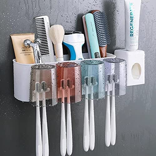 Photo 1 of 8 Brush Slots 4 Cups 1 Large Storage Tray by TANGBOLIBO, Toothbrush Holder Wall Mounted with Toothpaste Dispenser Squeezer Kit -Magnetic Toothbrush Holder for Bathroom