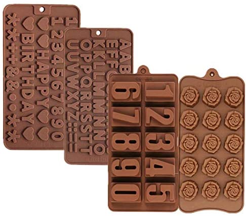 Photo 1 of 4 Pcs Letter Molds for Chocolate Silicone Chocolate Mold of Letters Numbers Symbols, Flower Shape Silicone Molds Chocolate, Candy, Fondant or Jelly to make Happy Birthday Cake Decoration