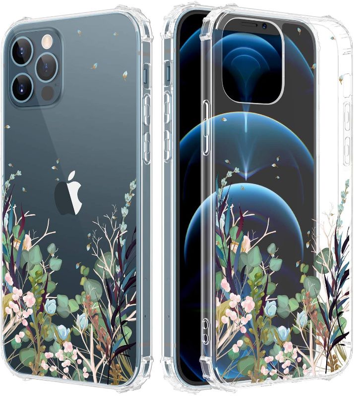 Photo 1 of Caka Clear Case for iPhone 12 iPhone 12 Pro Case for Girls Women, Girly Case Flowers Clear Floral Pattern Soft TPU Transparent Protective Case for iPhone 12 iPhone 12 Pro 6.1 inches (Blue Green)