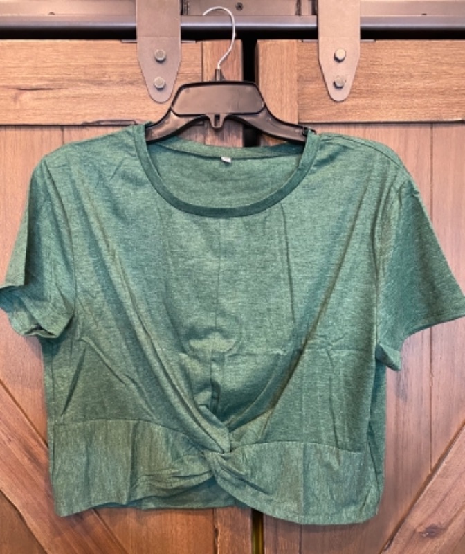 Photo 1 of Women's Summer Crop Top - Stretch Knot Front Cropped Yoga T-Shirt (#1 Army Green, XL)