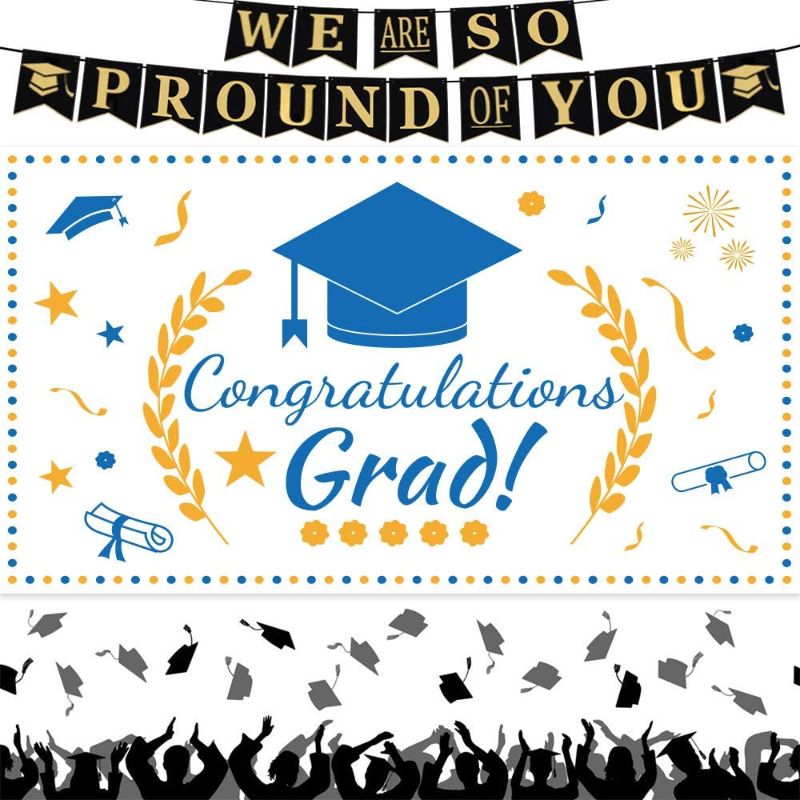 Photo 1 of 2021 Graduation Decorations We Are So Proud of You Graduation Banner Extra Large Blue White Congratulations Grad Photo Backdrop for Outdoor Indoor Wall Apartment Decor Graduation Party Supplies  
