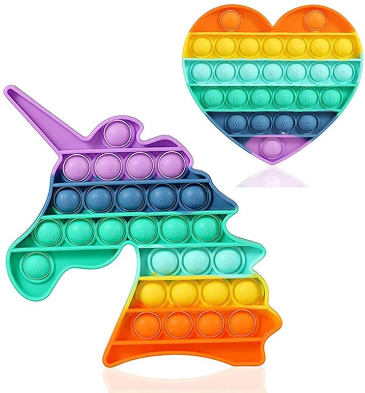 Photo 1 of N\W Pop Its Unicorn Pack Fidget Toys, Rainbow Heart Push Bubble Popping Toy Gift Educational School Game Crafts for Kids Teen, Autism Stress Sensory Toy Reliever ((2 Pack-Rainbow Unicorn + Heart)m 