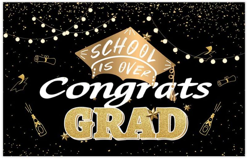 Photo 1 of CROWNED BEAUTY Graduation Banner 2021 Fabric Backdrop Congrats Grad School Is Over Party Decoration Hanging Banner Décor for Front Door CB002-45