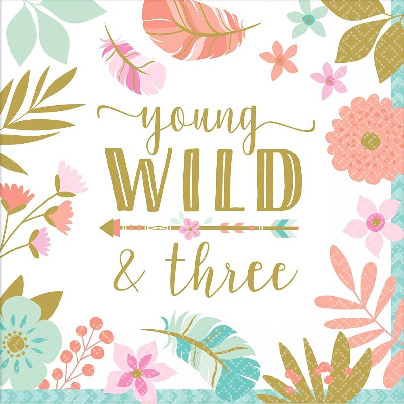 Photo 1 of Boho"Young Wild & Three" 3nd Birthday Beverage Napkins-16