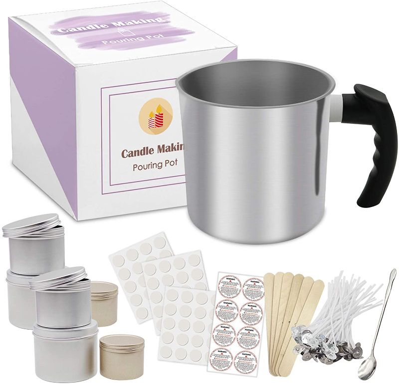 Photo 1 of Candle Making Kit, DIY Candle Making Supplies Including 42oz/1.2L Candle Making Pouring Pot, 6 Candle Tins, 6Pcs Candle Wicks Holder, 60Pcs Candle Wicks, 60Pcs Candle Sticker and Spoon