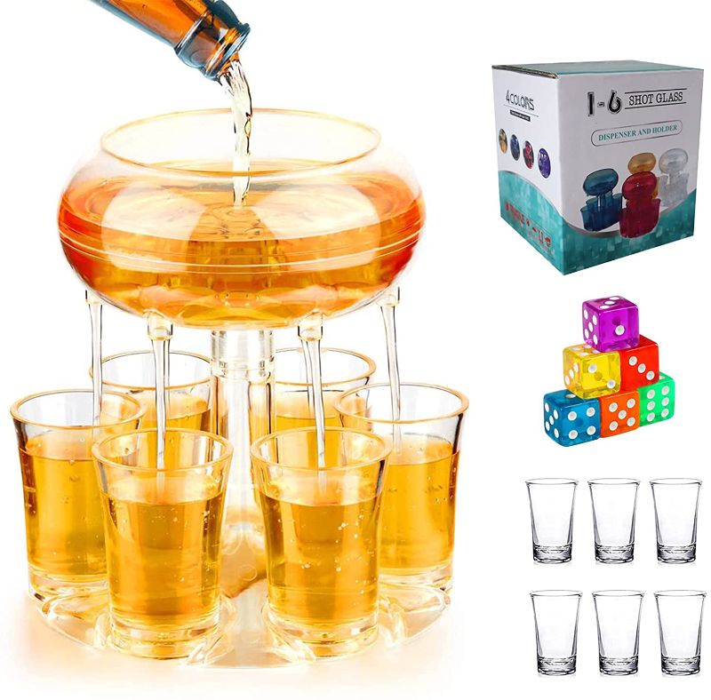 Photo 1 of 6 Shot Glass Dispenser and Holder, Clear Acrylic Shot Pourer Dispenser, 6 Shot Glasses Included, Food Grade Whiskey Dispenser with Silicon Plugs, Perfect for Drinking Games, Parties and Bars