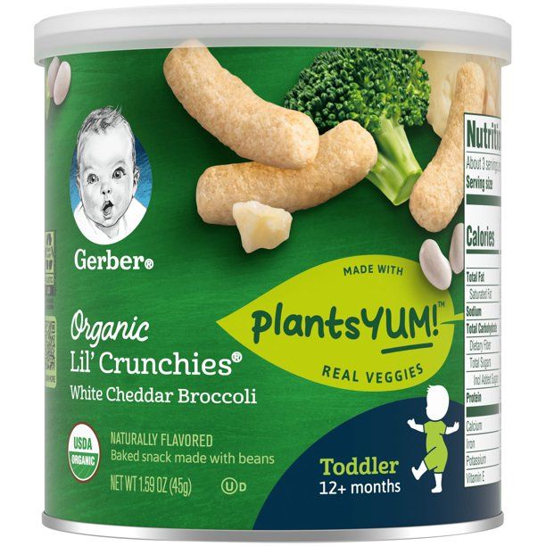 Photo 1 of Gerber Lil' Crunchies PlantsYum! Organic Stage 3 Toddler Snacks Baked Corn White Cheddar Broccoli, 1.59 oz, Canister (Pack of 6)