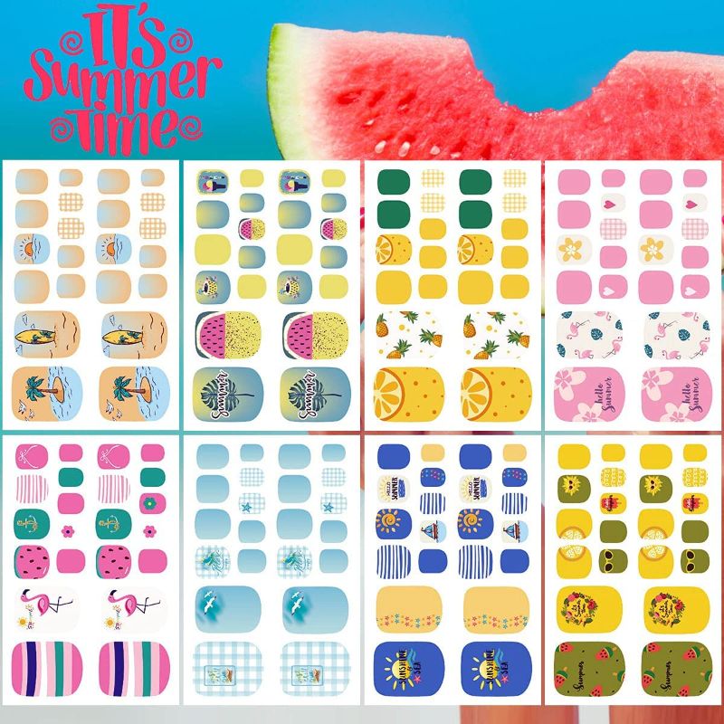 Photo 2 of 176 PCS Summer Toenail Polish Stickers with Nail File for Women Girls, Beach Full Toe Nail Art Wraps Self Adhesive, Aniuvot DIY Nail Manicure Watermelon Flower Flamingo Designs Decoration 8 Sheets