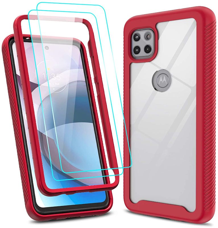 Photo 1 of Moto One 5G Ace Case (Not Fit Moto One 5G), Motorola One 5G Ace Case with 2 Glass Screen Protector, Full-Body Rugged Hybrid Bumper Shockproof Clear Phone Cases for Moto One 5G Ace 2021, Red