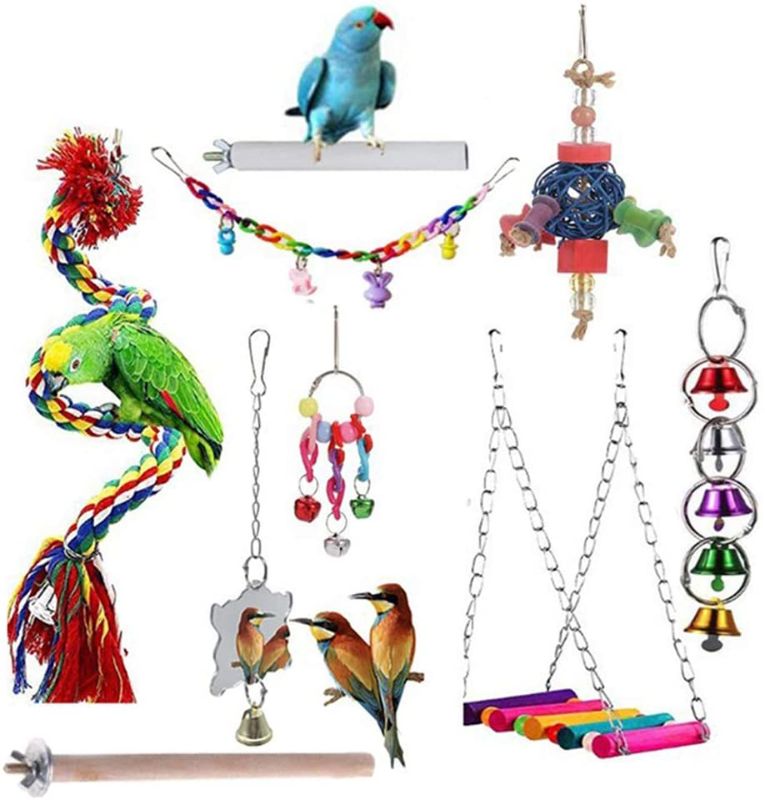 Photo 1 of Bird Toys Parrot Toys - 9Pcs Parrot Swing Chewing Toys Cockatiels, Macaws, Parrots, Love Birds, Finches Parakeet Toys Bird Cage Accessories