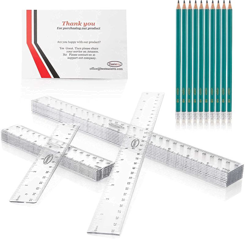 Photo 1 of EASIERRE Ruler Transparent and Pencil Multifunction Set - Drawing Graphing Writing Premium Standard Supplies for Kids Student - 20 Pcs Different-sized Clear Rulers 10 Pcs Pencils Bulk Pack School Desk Office