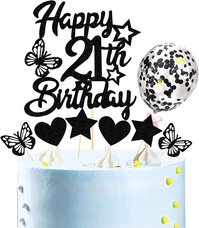 Photo 1 of 21st Birthday Cake Topper Black Happy 21st Birthday Cake Topper Cheers to 21st Years and Balloon Cake Topper 21st Birthday Cake Topper with Star Love Butterfly Cake Topper for Boys or Girls 21st Birthday Party Decorations (Black)