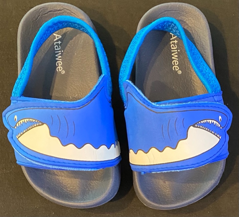 Photo 1 of Ataiwee Toddler's Pool Slide Sandals, Boys Girls Touch Fastening Strip Sliders With Shark Dinosaur Crocodile Rhino Shape (Dark Blue Shark, Size 5)