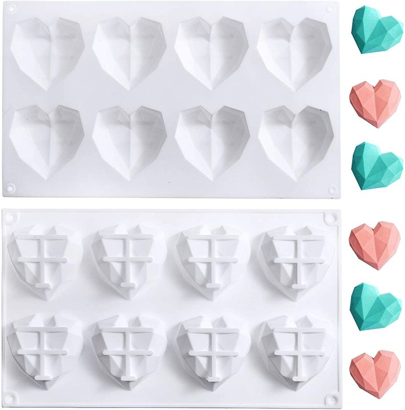 Photo 1 of Chocolate Molds Diamond Heart Cake Pop Mold, 8 Cavities Non-Stick Easy Release Heart Shaped Silicone Mold for Mousse Cake, Chocolate, Dessert, Jelly, Cocoa Bombs (2 Pack)