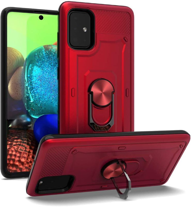 Photo 1 of FCCLSS Compatible with Samsung Galaxy A71 5G Case Armor Dual Layer 2 in 1 and 360 Degree Rotating Metal Ring Holder Kickstand & Shockproof Hard Cover - Red