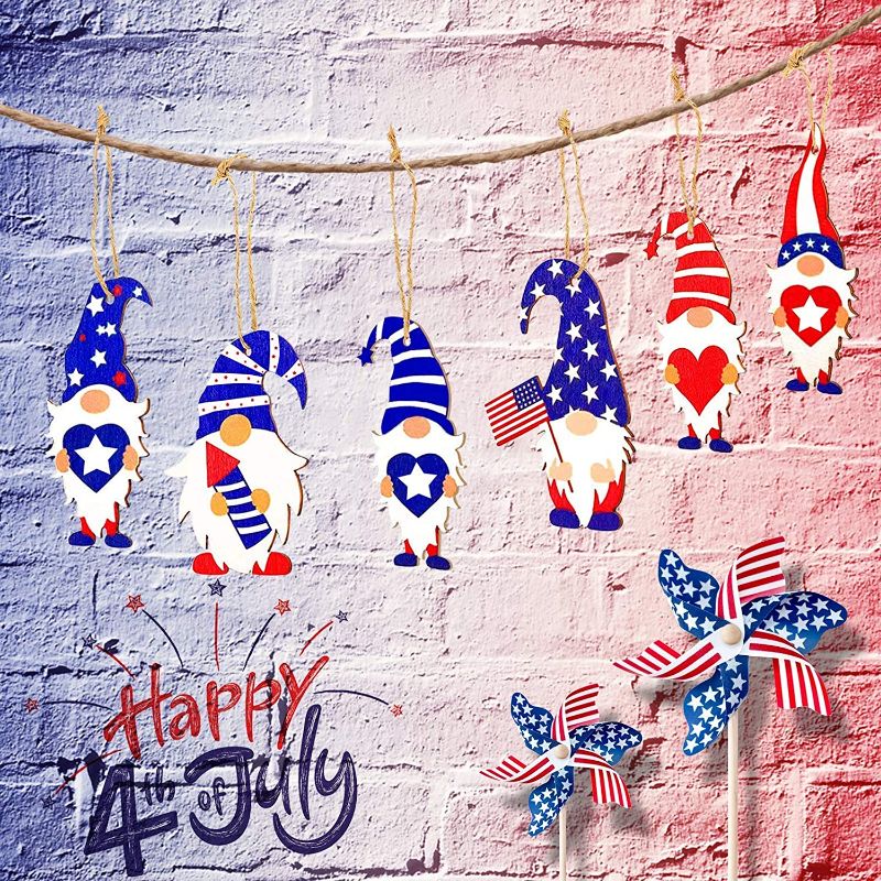 Photo 1 of 24 Pieces Patriotic Gnome Wood Ornaments 4th of July Memorial Day Independence Day Gnome Wooden Pendant Leprechaun Gnome Ornament Decorations for Home Party Holiday Decor