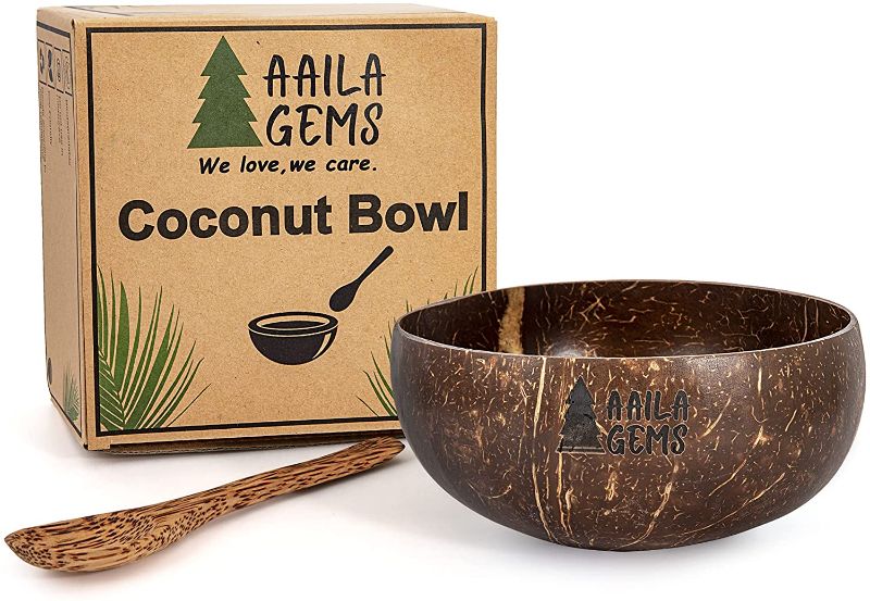 Photo 1 of Coconut Bowl and Wooden Spoon Set- Vegan Organic Salad Soup Smoothie Bowl for Gift - Polished Buddha Bowl for Kitchen Utensils