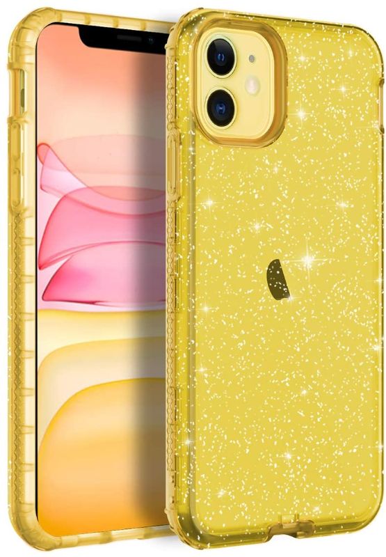 Photo 1 of LONTECT for iPhone 11 Case Glitter Crystal Clear Sparkle Bling Heavy Duty Hybrid Sturdy High Impact Shockproof Protective Cover Case for Apple iPhone 11 6.1 2019, Yellow Clear/Silver Glitter