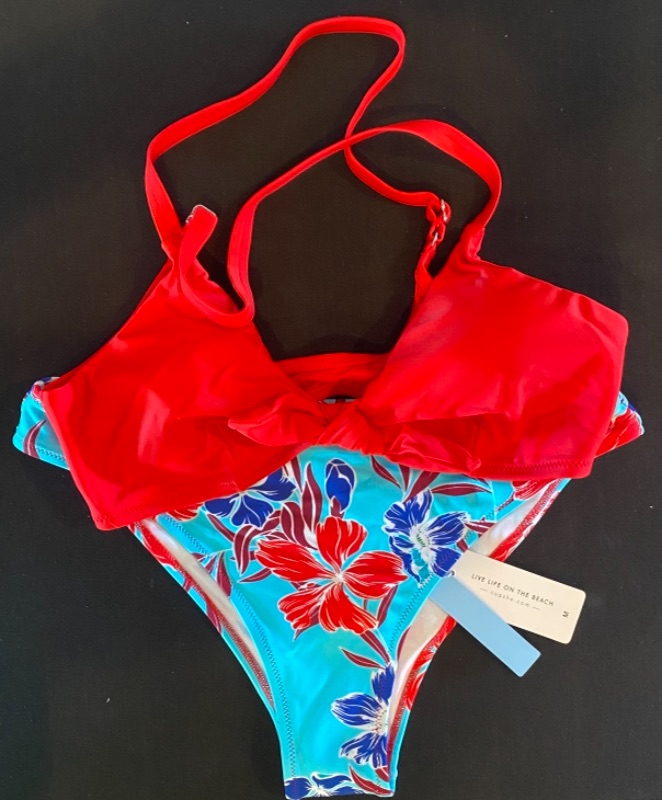 Photo 1 of CUPSHE Women's Floral Print Knot Adjustable Bikini Sets Two Piece Bathing Suit (Red Floral, Size Medium)