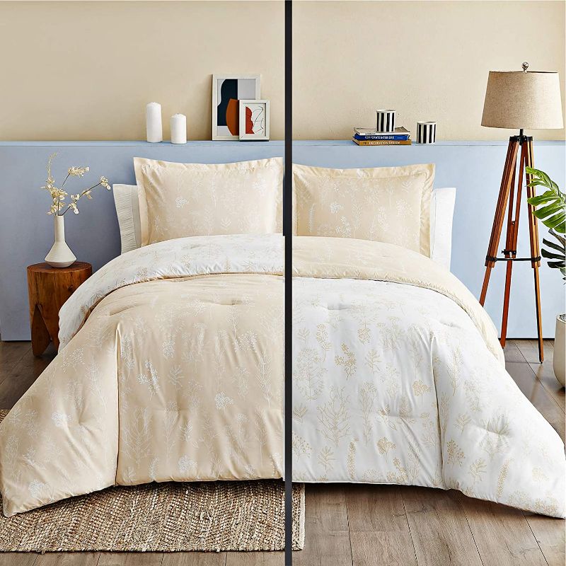 Photo 2 of Bedsure Twin Bed Comforter Set - Reversible Floral Beige Khaki White Bedding Comforter Set, 2 Pieces Flowers Plants All Season Bed Set with 1 Pillow Sham (Beige Khaki)