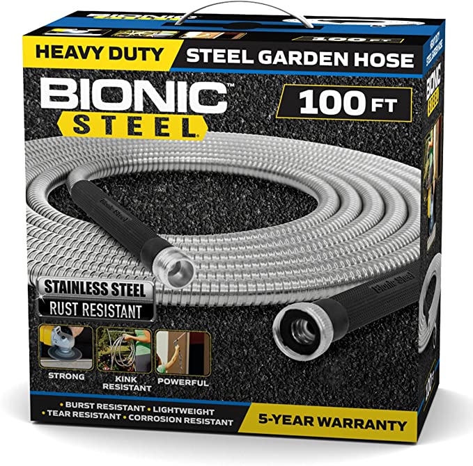 Photo 1 of Bionic Steel 100 Foot Garden Hose 304 Stainless Steel Metal Water Hose – Super Tough & Flexible, Lightweight, Crush Resistant Aluminum Fittings, Kink & Tangle Free, Rust Proof, Easy to Use & Store