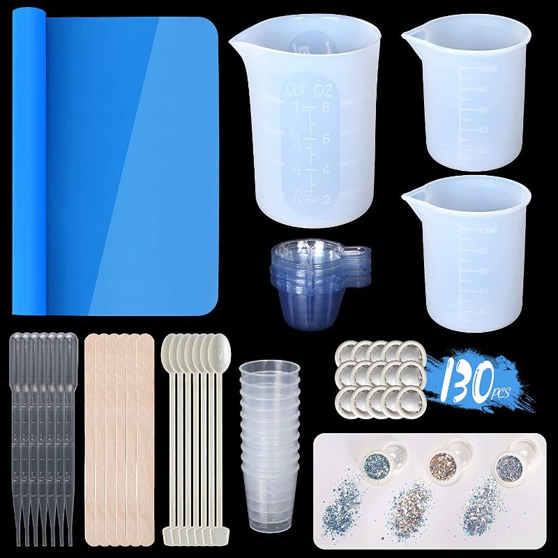 Photo 1 of ANSUE Silicone Measuring Cups for Epoxy Resin, 250ML Large Resin Mixing Cups Reusable, 130PCS Resin Tools Supplies Kit with Silicone Mat and Holographic Chunky Glitter.