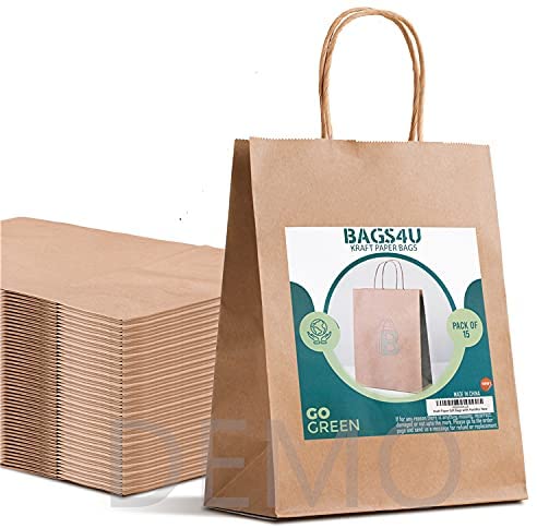 Photo 1 of Bags4U Kraft Paper Bags with Handles Bulk - 15Pcs Paper Bags for Small Business, Brown Paper Gift Bags & Paper Shopping Bags - 8 x 4.25 x 10.5cm
