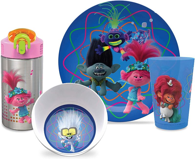 Photo 1 of Zak Designs Dreamworks Trolls 2 Movie Poppy Branch Kids BPA-Free Dinnerware Set Includes Plate, Bowl, Tumbler and Water Bottle, Made of Durable Material and Perfect for Kids (4 Piece Set)