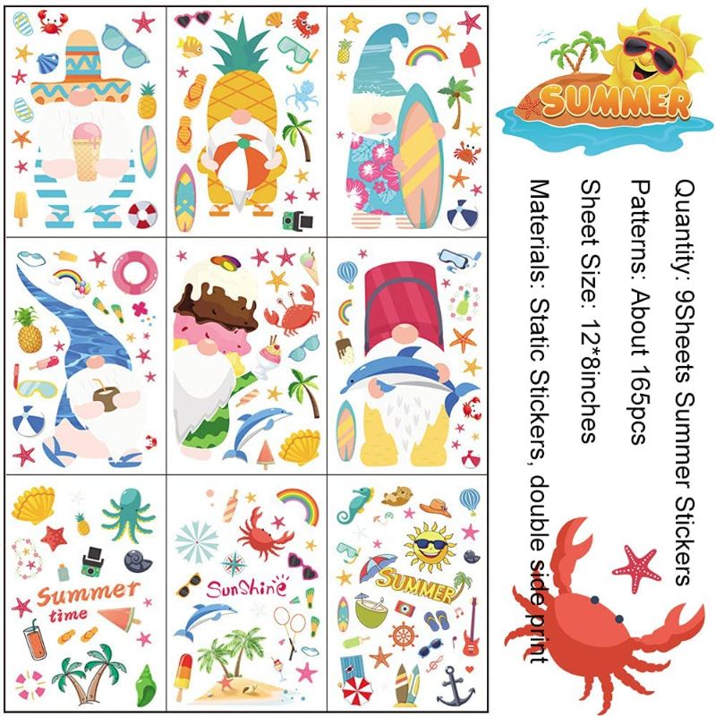 Photo 1 of Summer Window Clings Hawaii Party Supplies Window Stickers 9 Sheets Summer Beach Gnome Static Window Decals for Glass Windows Refrigerator Car Summer Party Decorations 165 Pcs Large Small Patterns