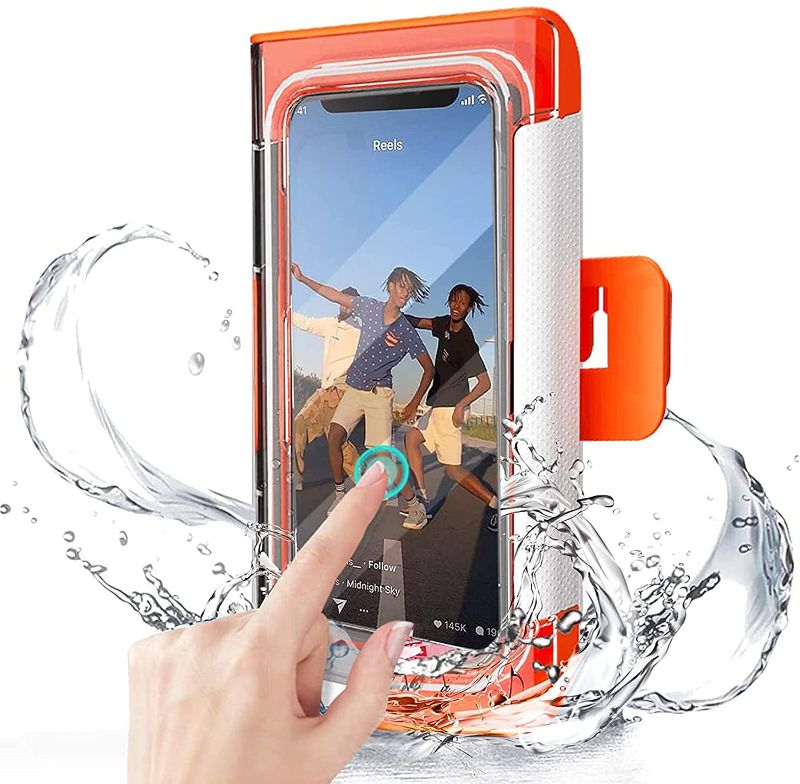 Photo 1 of Shower Phone Holder Waterproof, Anti-Fog Touch Screen Wall Mount Bathroom Phone Holder for Shower, HD High Sensitivity Cell Phone Universal Bathroom Mirror Shelf Storage Box for Bathtub(Orange)