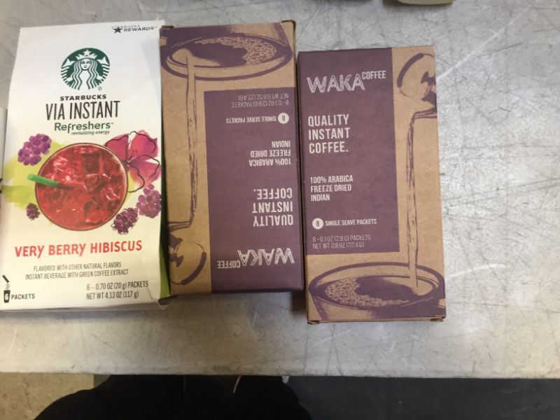 Photo 1 of Assorted Food Items (Starbucks Refresher, Instant Coffee, Water Drops, Biscolata Cookies, Werther's Candy) 