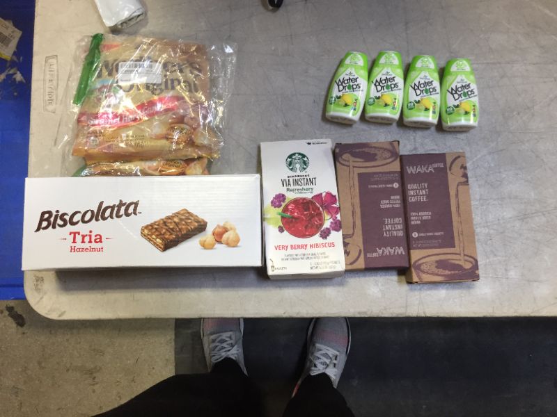 Photo 1 of Assorted Food Items (Starbucks Refresher, Instant Coffee, Water Drops, Biscolata Cookies, Werther's Candy) 