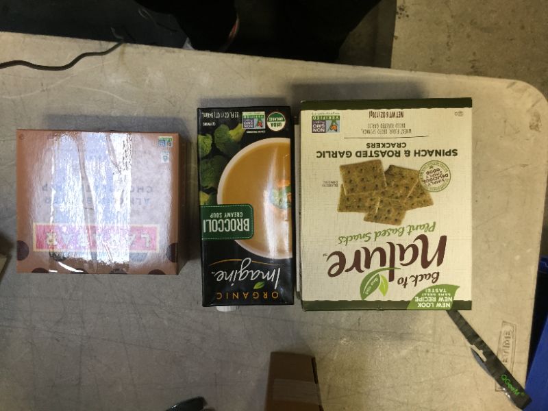 Photo 1 of Assorted Healthy Food Items (Spinach Crackers, Broccoli Soup, Almond Butter Larabar 2 Pk ) Crackers, Cheese Crisps 