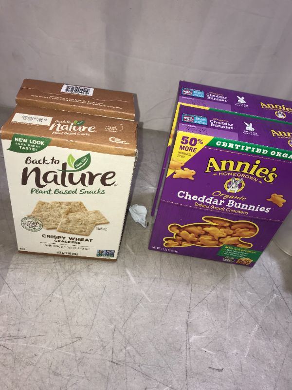 Photo 1 of 2 packs Annie's Baked Snack Crackers, Organic, Cheddar Bunnies - 11.25 oz exp oct 20 2021 and 2 packs back to nature plant based snacks exp sep 20 2021