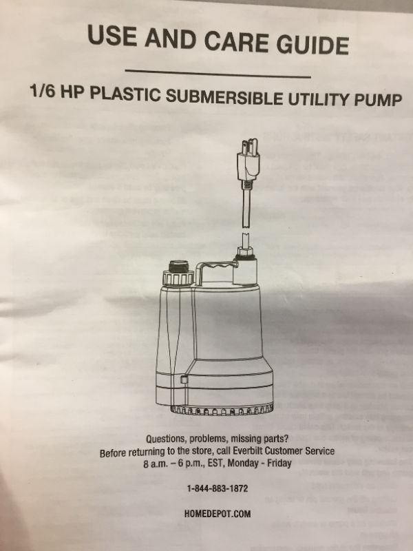 Photo 1 of 1/6 HP Plastic Submersible Utility Pump - ITEM WAS PLUGGED IN AND TURNED ON 