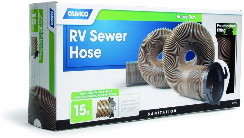 Photo 1 of Camco 21010 39691 Durable High Tensile Strength Sewer Steel Wire Core and Attached Bayonet Fittings Hose with 15 mils of HTS Vinyl, Brown, 15'
