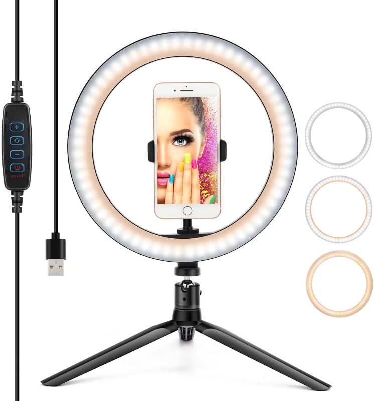 Photo 1 of 10” Ring Light LED Desktop Selfie Ring Light USB LED Desk Camera Ringlight 3 Colors Light with Tripod Stand iPhone Cell Phone Holder and Remote Control for Photography Makeup Live Streaming
