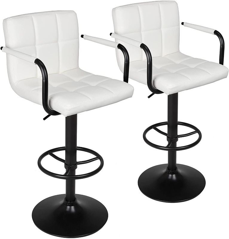 Photo 1 of Leopard Adjustable Bar Stools with Armrest, Square Back Swivel Double Stitching with Back Bar Stool, Set of 2 (White + Black Base)
