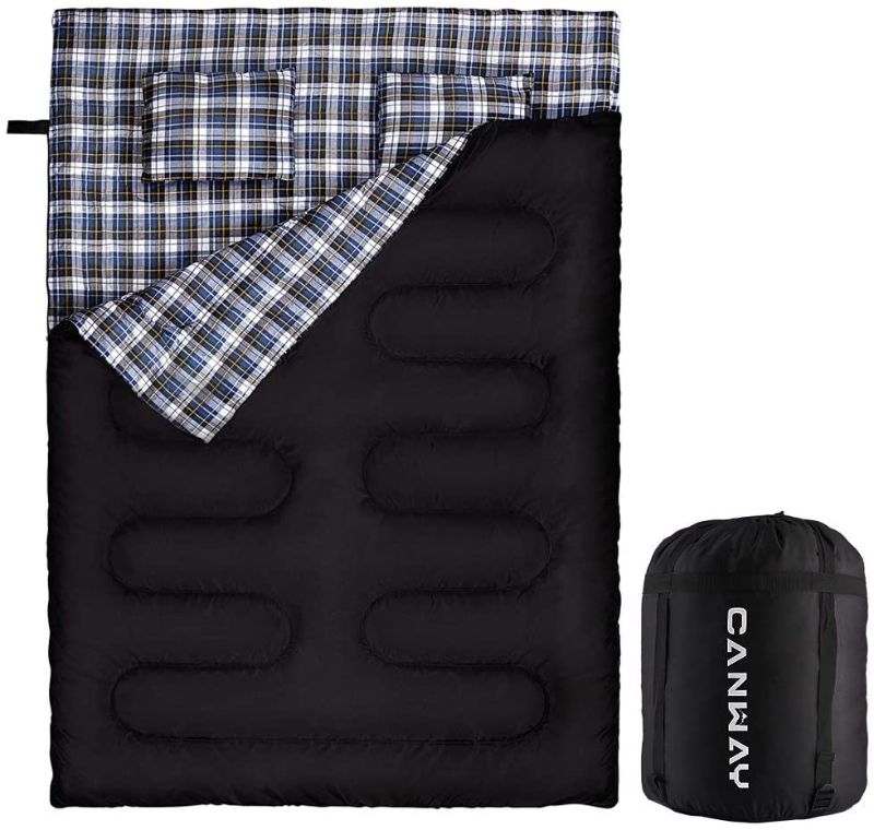 Photo 1 of CANWAY Double Sleeping Bag, Flannel Lightweight Waterproof 2 Person Sleeping Bag with 2 Pillows for Camping, Backpacking, or Hiking Outdoor for Adults or Teens Queen Size XL (Flannel)
