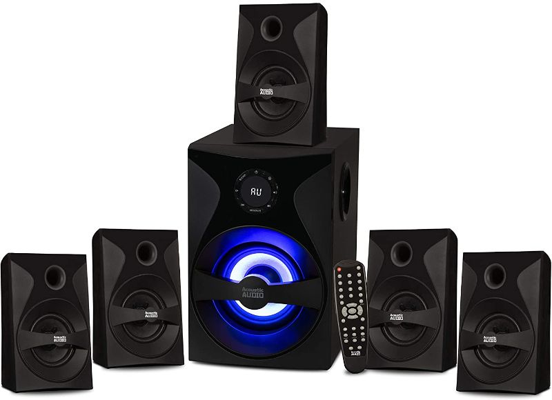 Photo 1 of Acoustic Audio by Goldwood Bluetooth 5.1 Surround Sound System with LED Light Display, FM Tuner, USB and SD Card Inputs - 6-Piece Home Theater Speaker Set, Includes Remote Control - AA5400 Black SOLD FOR PARTS ONLY 
