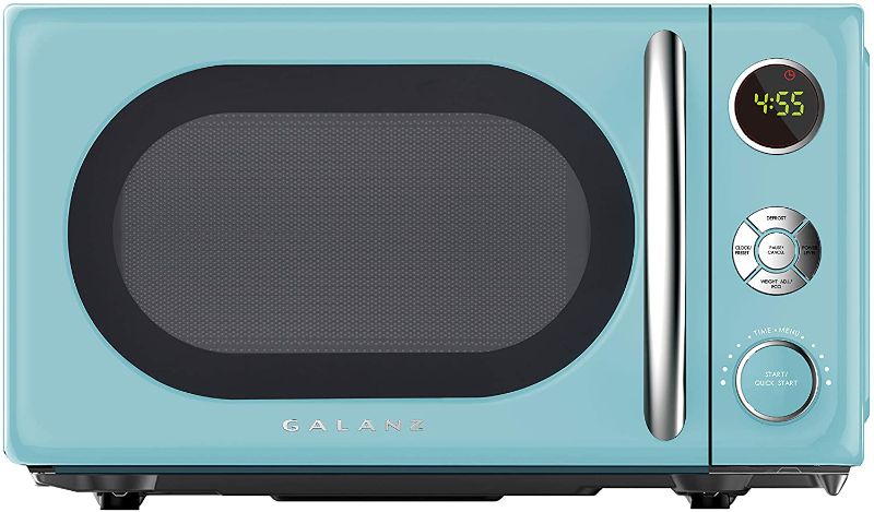 Photo 1 of Galanz GLCMKA07BER-07 Retro Microwave Oven, LED Lighting, Pull Handle Design, Child Lock, Bebop Blue, 0.7 Cu.Ft
