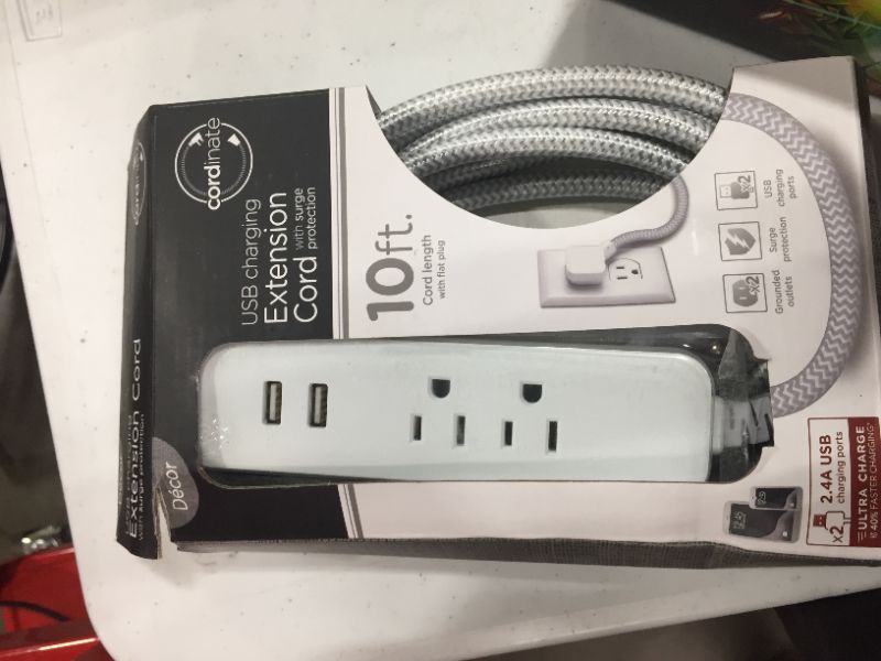 Photo 2 of Cordinate 2-Outlet Grounded Extension Cord with USB, 10ft, Gray/White – 41691