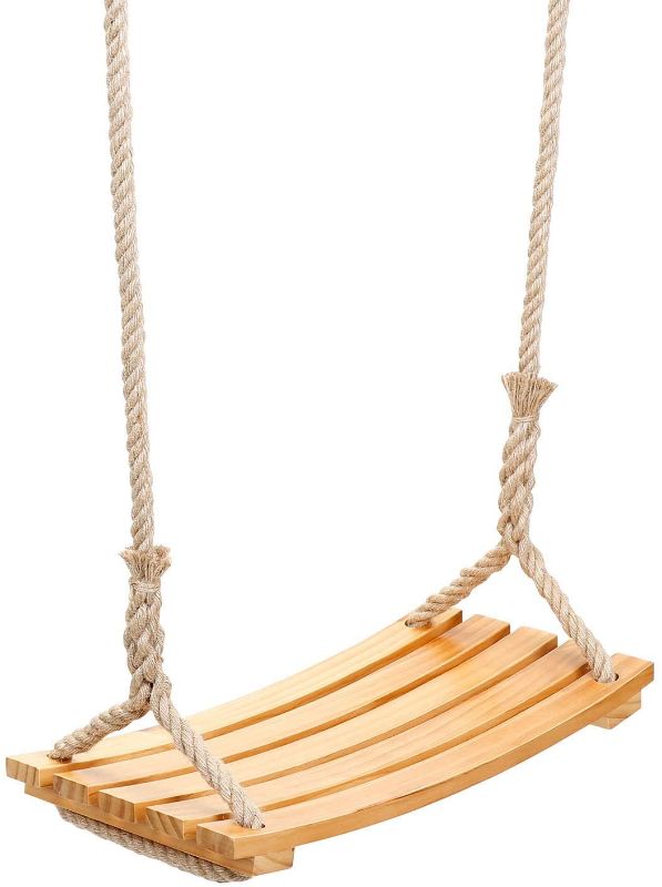 Photo 1 of Wood Tree Swing for Adults and Kids, Adjustable Wooden Swing Set with 72.83inch Long Rope Swing Seat Support 300lb Include 2 Mounting Hooks+ Screws for Indoor Outdoor Home

