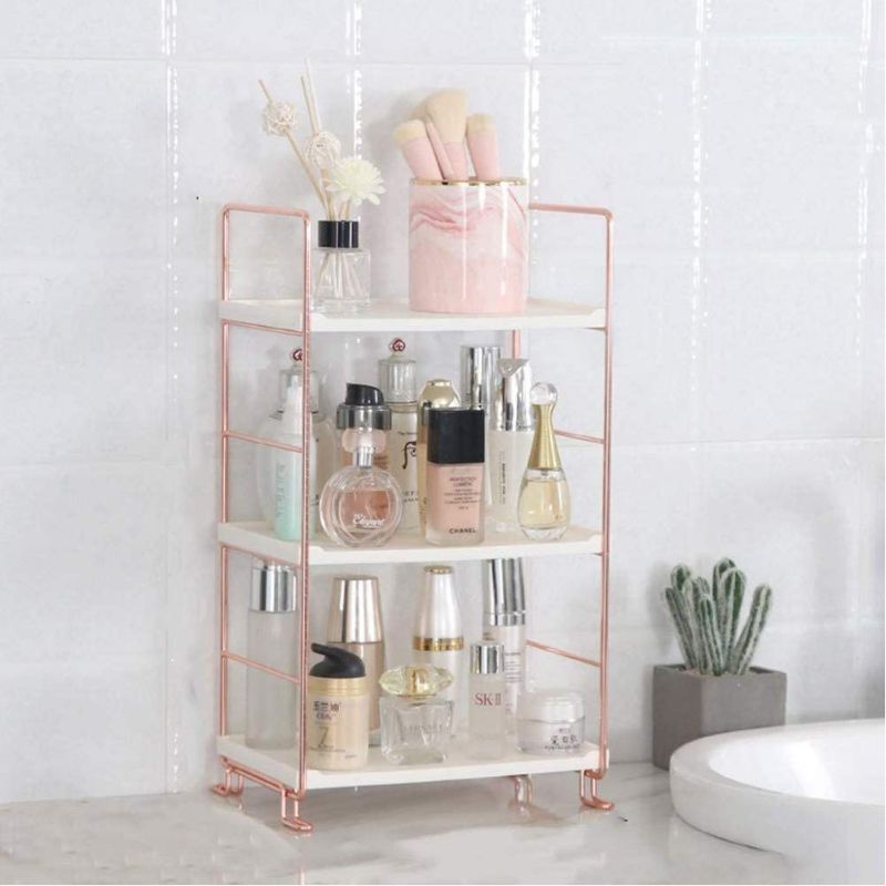 Photo 1 of Desktop Cosmetics Storage Rack Rose Gold 2/3 Layers Bathroom Makeup Organizer Assembled Kitchen Seasoning Iron Storage Shelves (3-Layers)
