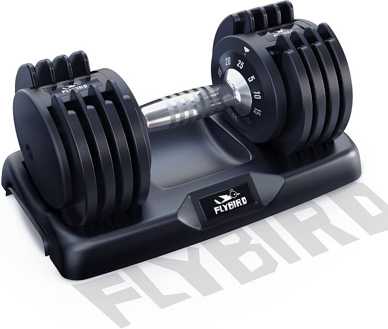 Photo 1 of FLYBIRD Adjustable Dumbbell,25/55lb Single Dumbbell for Men and Women with Anti-Slip Metal Handle,Fast Adjust Weight by Turning Handle,Black Dumbbell with Tray Suitable for Full Body Workout Fitness
