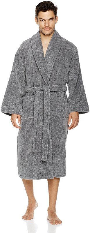 Photo 1 of Amazon Brand – Pinzon Terry Bathrobe 100% Cotton, Platinum, SMALL/MEDIUM
