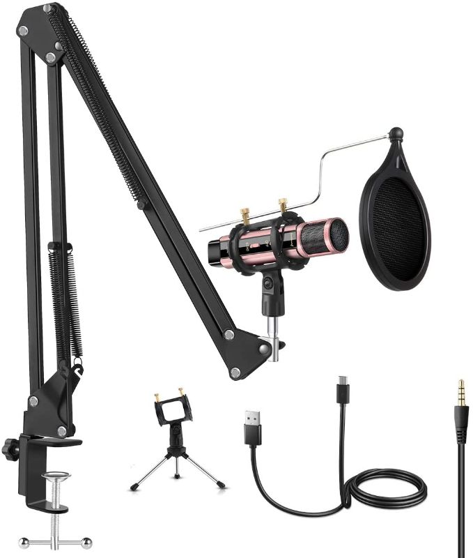 Photo 1 of ZealSound Microphone Bundle, Condenser USB Microphone Kit For Phone, PC, Mac Laptop w/Boom Arm Desk Tripod Stand, Shock Mount, Pop Filter for Recording, Podcasts, Streaming, Meeting, YouTube ASMR RoseGold