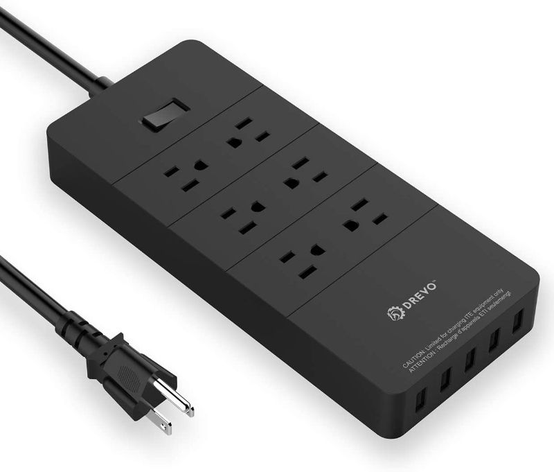 Photo 1 of DREVO Surge Protector Power Strip 6 AC Outlet 5 USB Charger Port, Desktop Charging Station, 5ft Extension Cord (Black)
