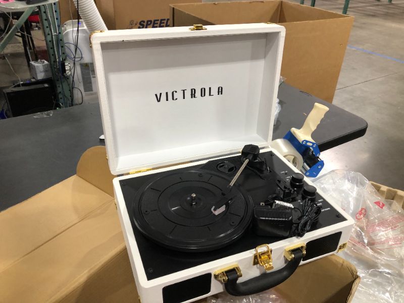 Photo 2 of Victrola Vintage 3-Speed Bluetooth Portable Suitcase Record Player with Built-in Speakers | Upgraded Turntable Audio Sound| Includes Extra Stylus | White (VSC-550BT-WH)
