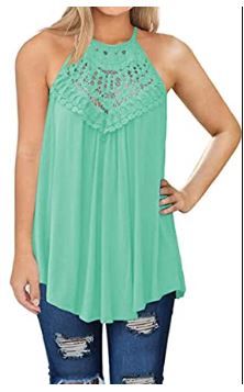 Photo 1 of ECOWISH Womens Halter Neck Lace Patchwork Backless Loose Tunic Tank Dress Sleeveless Casual Top Dresses Medium (ARMY GREEN) 
